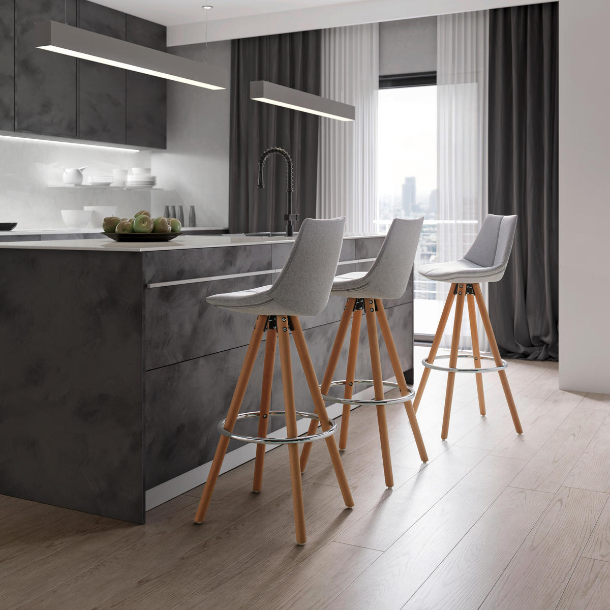 BARHOCKER Nelo Hellgrau Webstoff Gepolstert - Hellgrau, Holz (42/100/33cm) - Bessagi Home