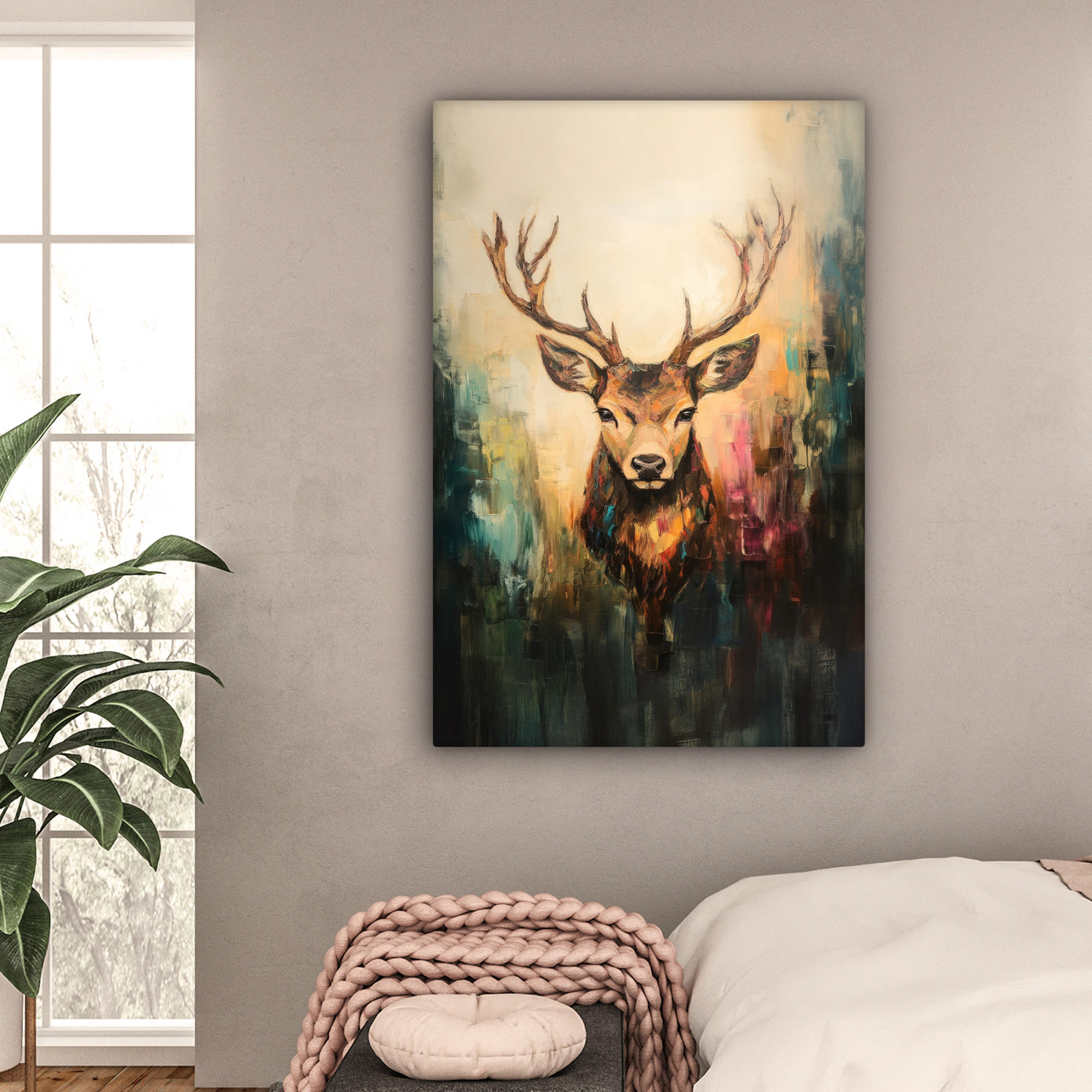 LEINWANDBILD Hirsch - Gemalt - Geweih - Braun 80x120 cm - Haselnussfarben, Textil (80/120cm) - MuchoWow