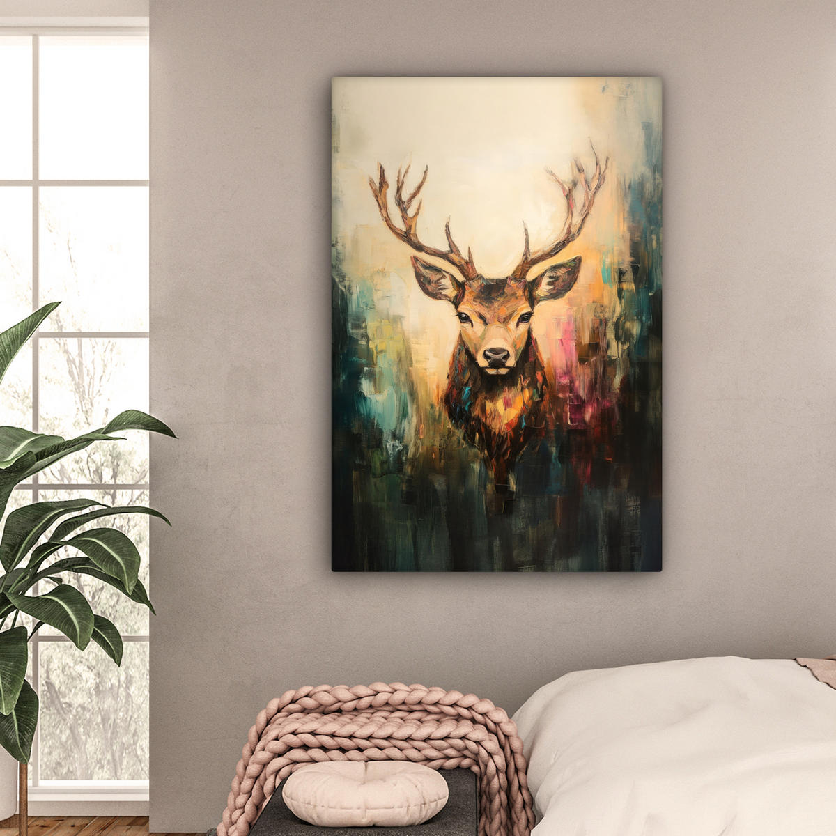 LEINWANDBILD Hirsch - Gemalt - Geweih - Braun 80x120 cm - Haselnussfarben, Textil (80/120cm) - MuchoWow