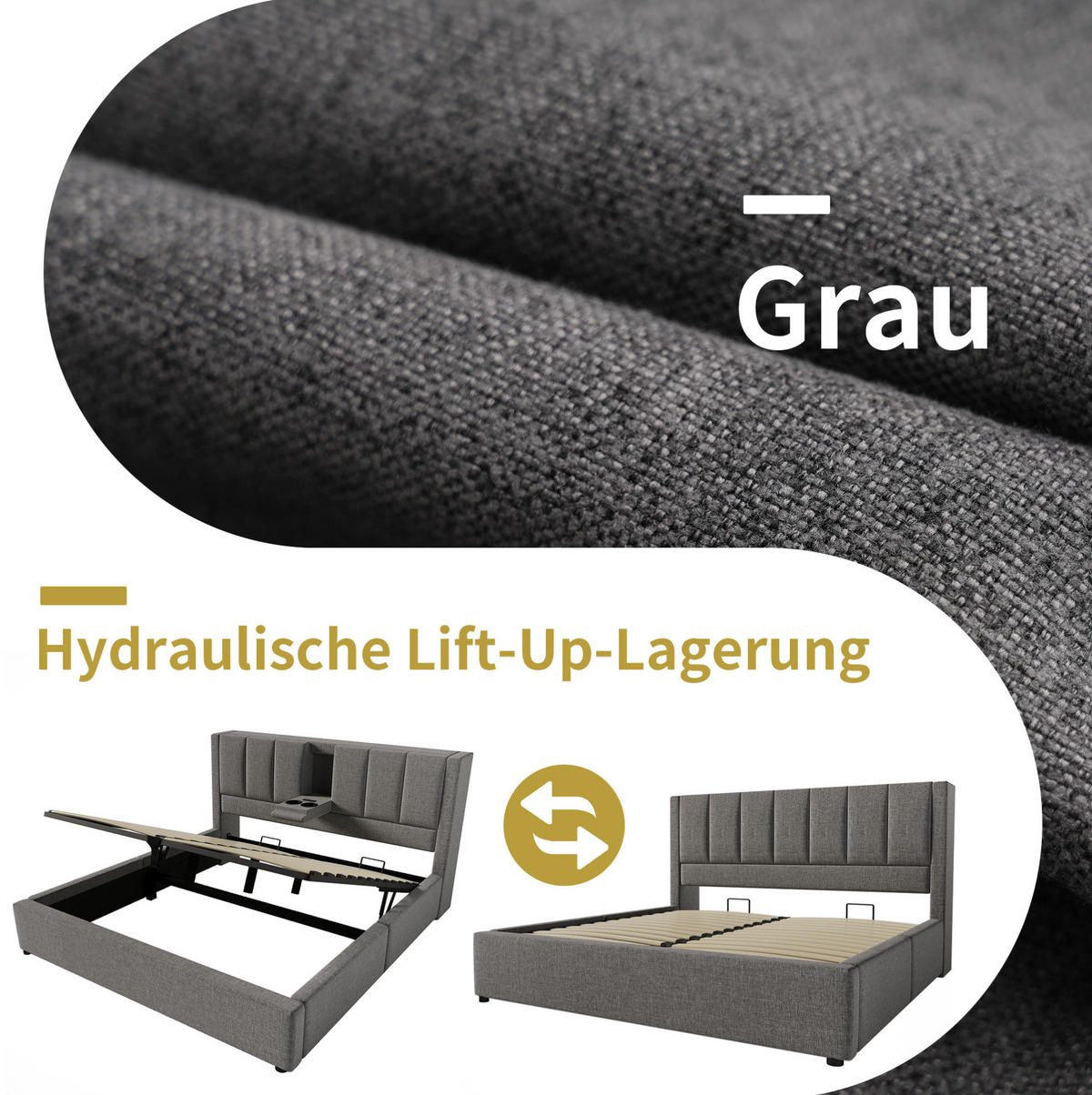 POLSTERBETT 180/200 cm mit Ladestation, versteckten Becherhaltern und Bettkasten, Leinenoptik, Grau - Grau, Textil (180/200cm) - Redom