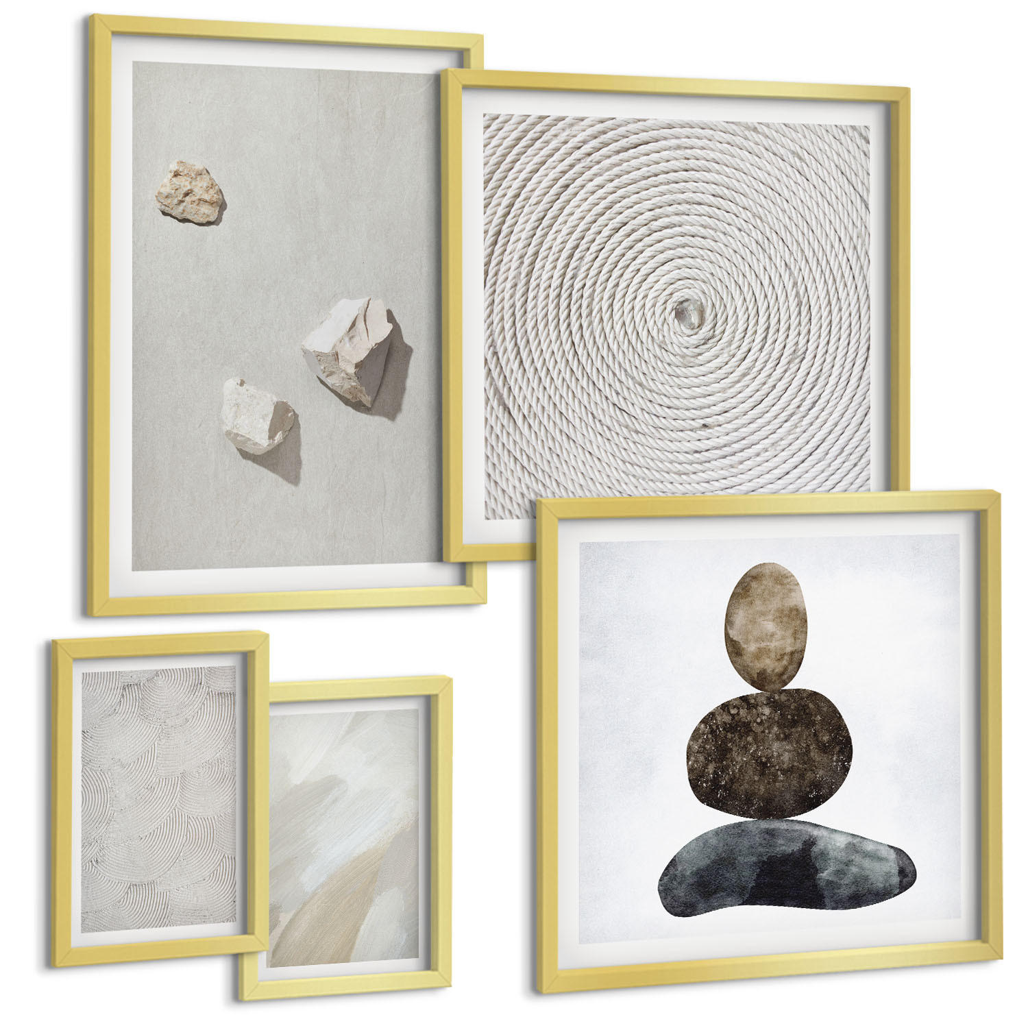 BILDER SET 5er Set - 50x50 cm & 20x30 cm & 40x60 cm Goldrahmen - Sandsteine moderne Farbe - Goldfarben, Kunststoff (40/60cm) - TULUP