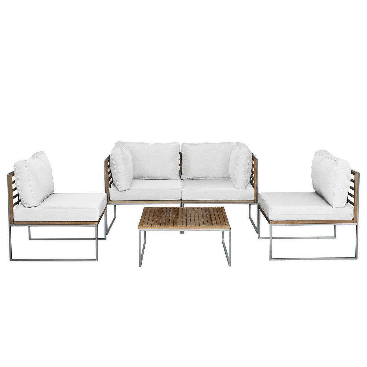LOUNGESOFA - 2-teilig - Webstoff / Teak massiv - Hellgrau, Holz/Textil (140/74/70cm) - home24