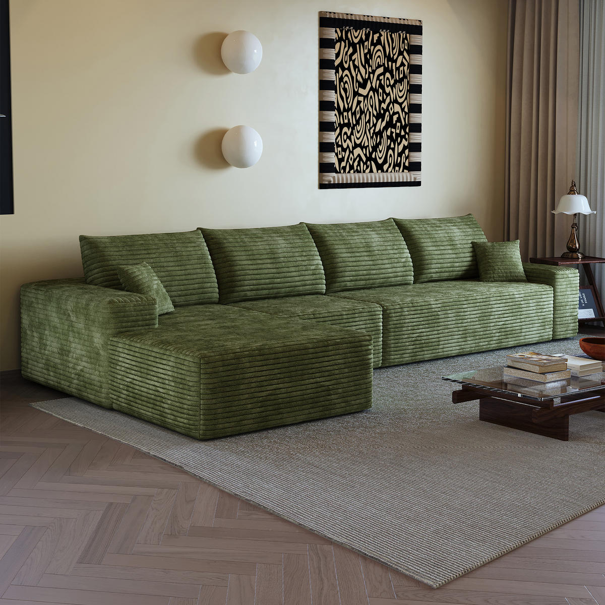 ECKSOFA 340/175/83 cm Grün mit L-förmiger Chaiselongue, Linke Seite - Grün, Textil (340/175cm) - Oxeza