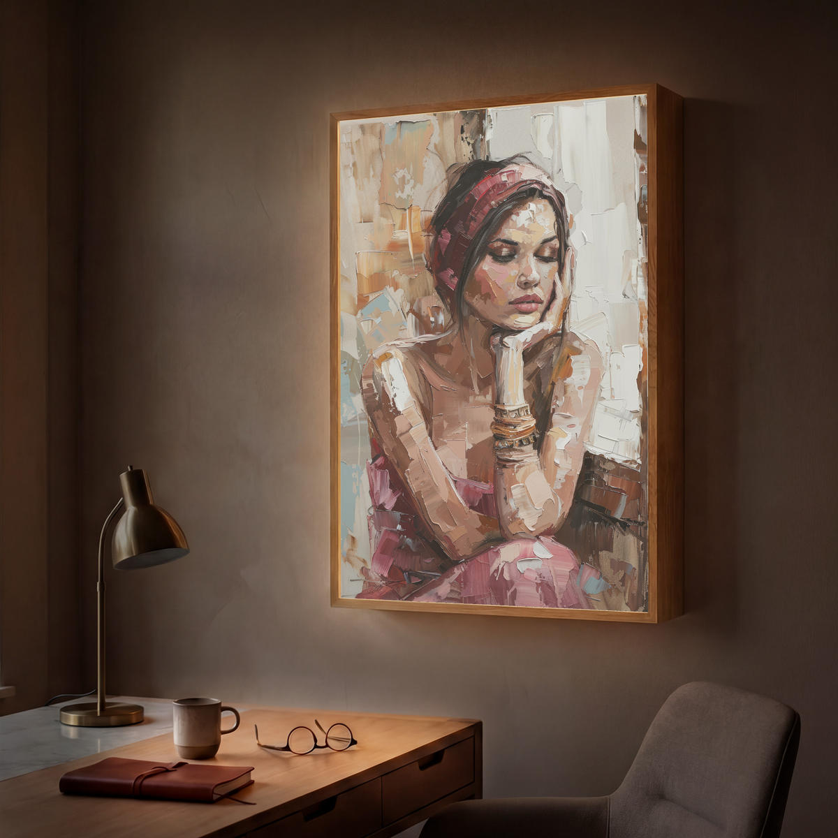 NÁSTĚNNÁ LAMPA S AKUMULÁTOREM Žena - vzhled malby - portrét - moderní 60x90 cm - hnědá, kompozitní dřevo (60/90/8cm) - OnlyWow