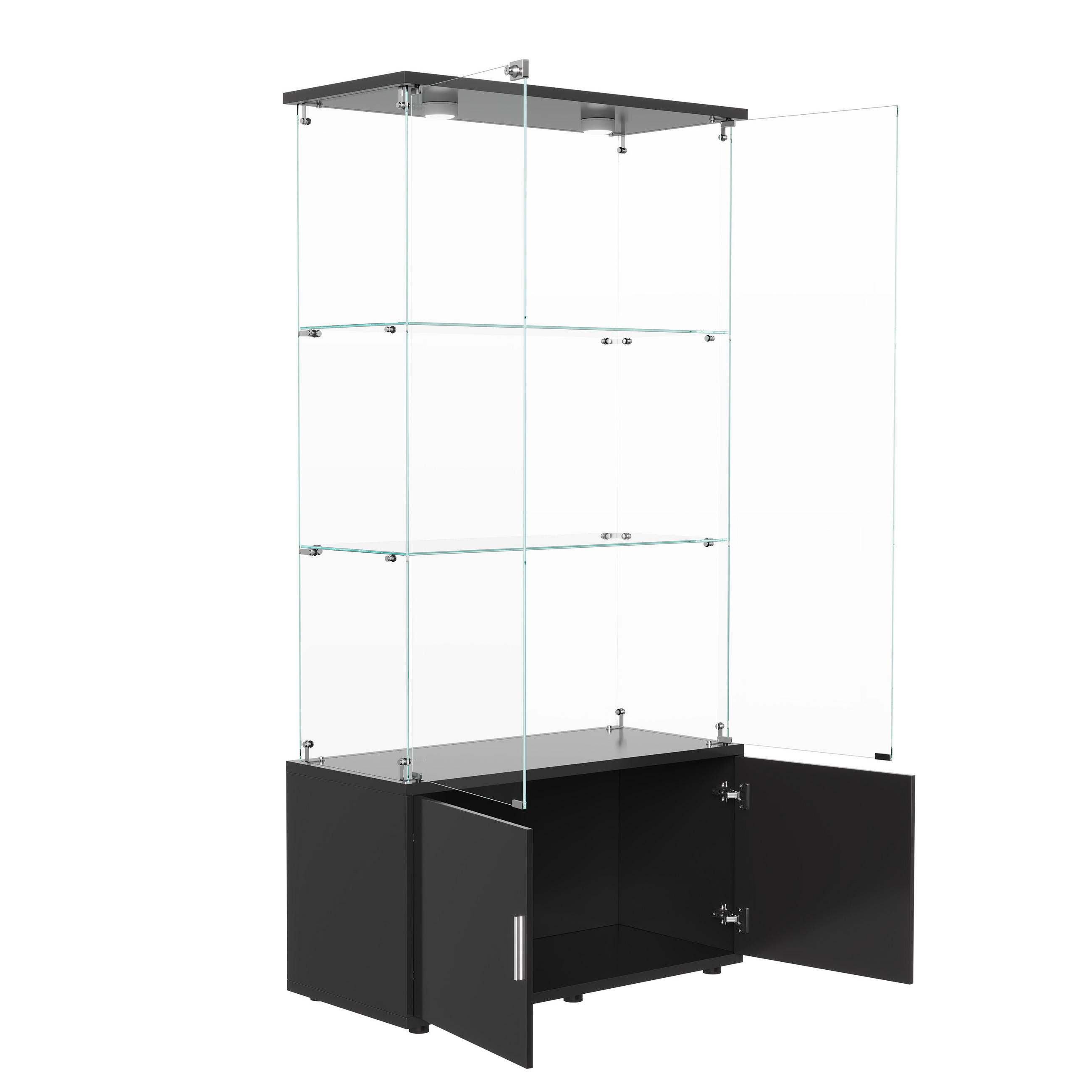 VITRINE, 3 Glasböden, Unterschrank, Touch-LED, zweitürig, in Schwarz - Schwarz, Glas (78.51/164/35cm) - BRILVERDE