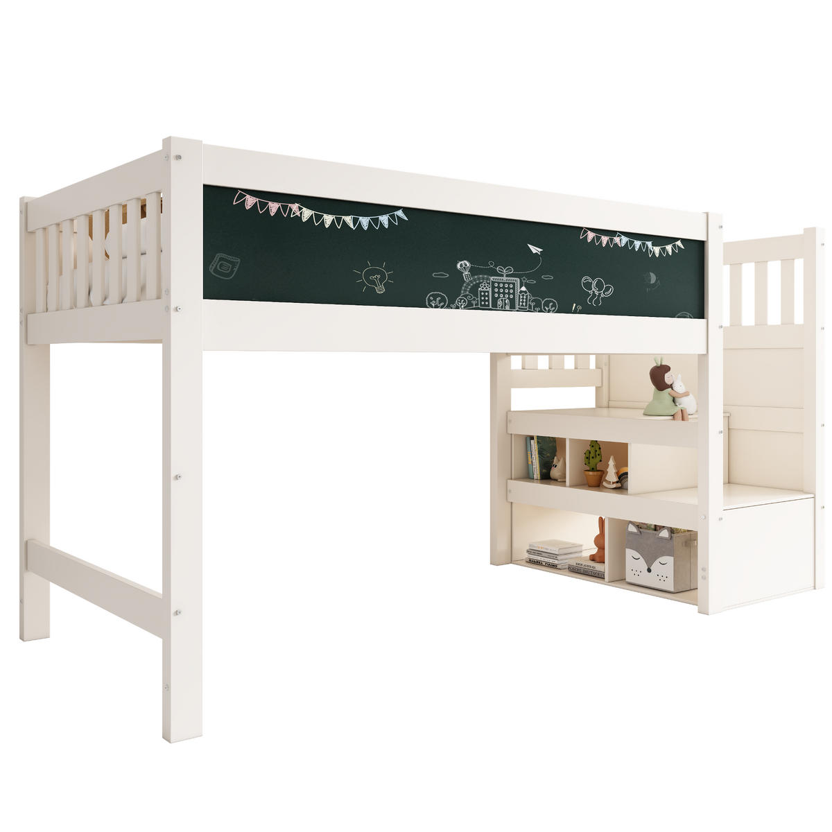 HOCHBETT 90/200 cm in Weiß mit Tafel, Stauraum und Treppe aus Holz - Weiß, Holz/Holzwerkstoff (90/200cm) - CHICFURN