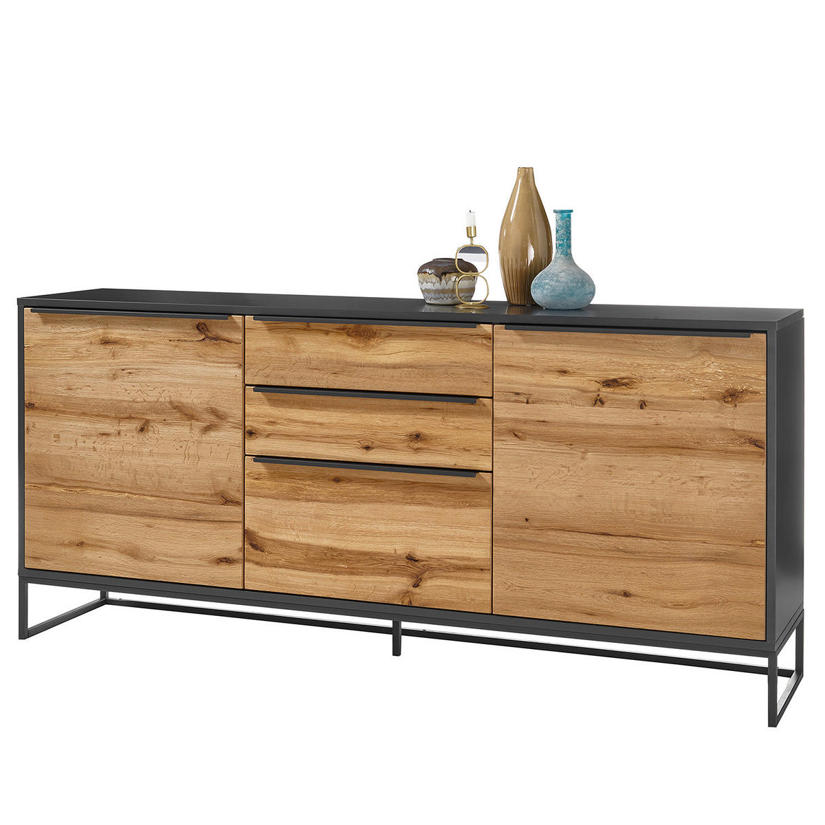 SIDEBOARD - Echtholzfurnier - Eiche / Anthrazit - Braun, Holzwerkstoff/Metall (184/85/40cm) - home24
