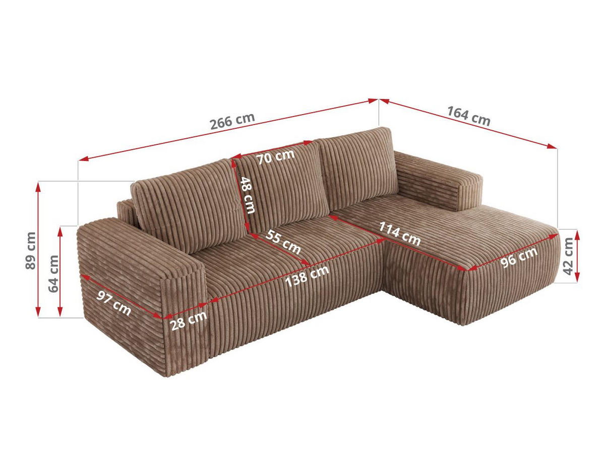 ECKSOFA TRENTINO L Braun Cord - Rechts - Schwarz/Braun, Textil (164/266cm) - MKS