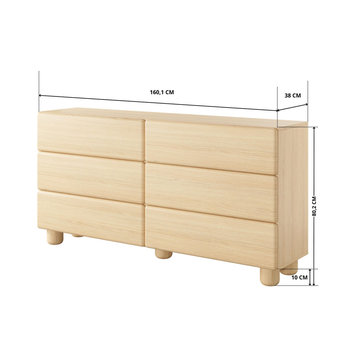 SCHUBLADENKOMMODE CERVI D 160 cm Eiche Vicenza - mit 6 Schubladen und abgerundeten Fronten - Eichefarben, Holz/Holzwerkstoff (160/80/38cm) - Ravio