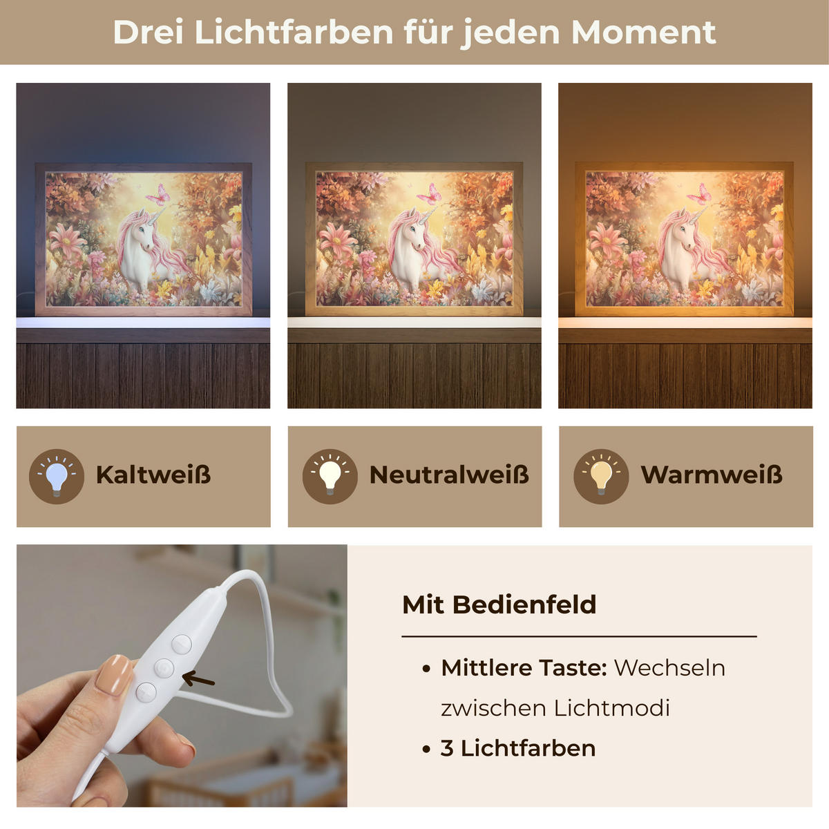 NACHTTISCHLAMPE Einhorn - Blumen - Schmetterling - Rosa 30x20 cm - Beige, Holzwerkstoff (8/30/20cm)