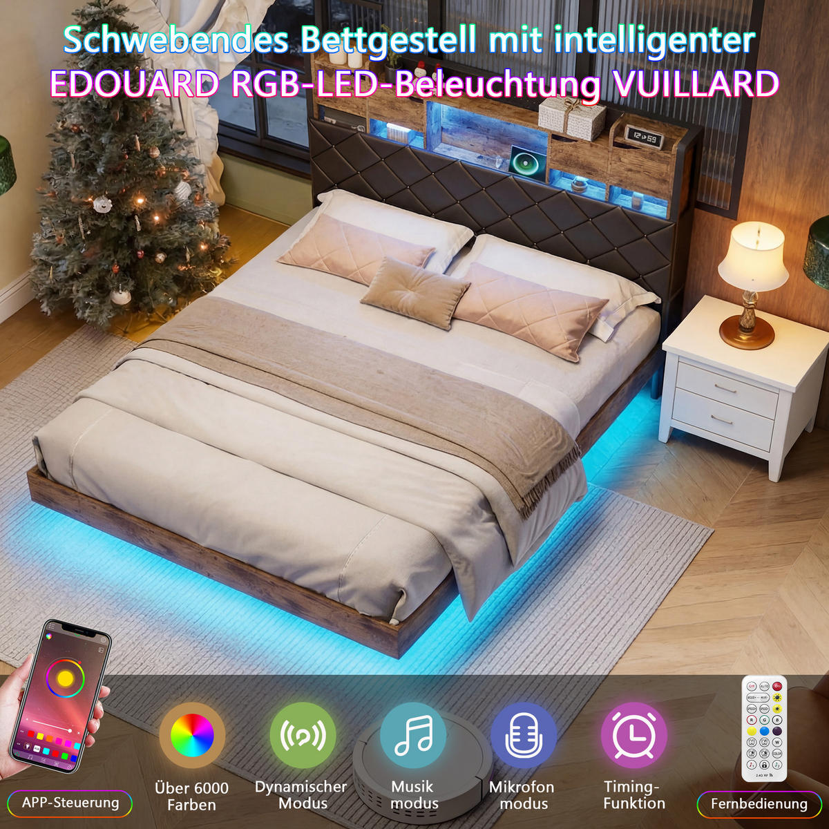 POLSTERBETT 140x200cm, LED, USB, integrierter Stauraum, modern - Schwarz, Holz - SHOPENTRA