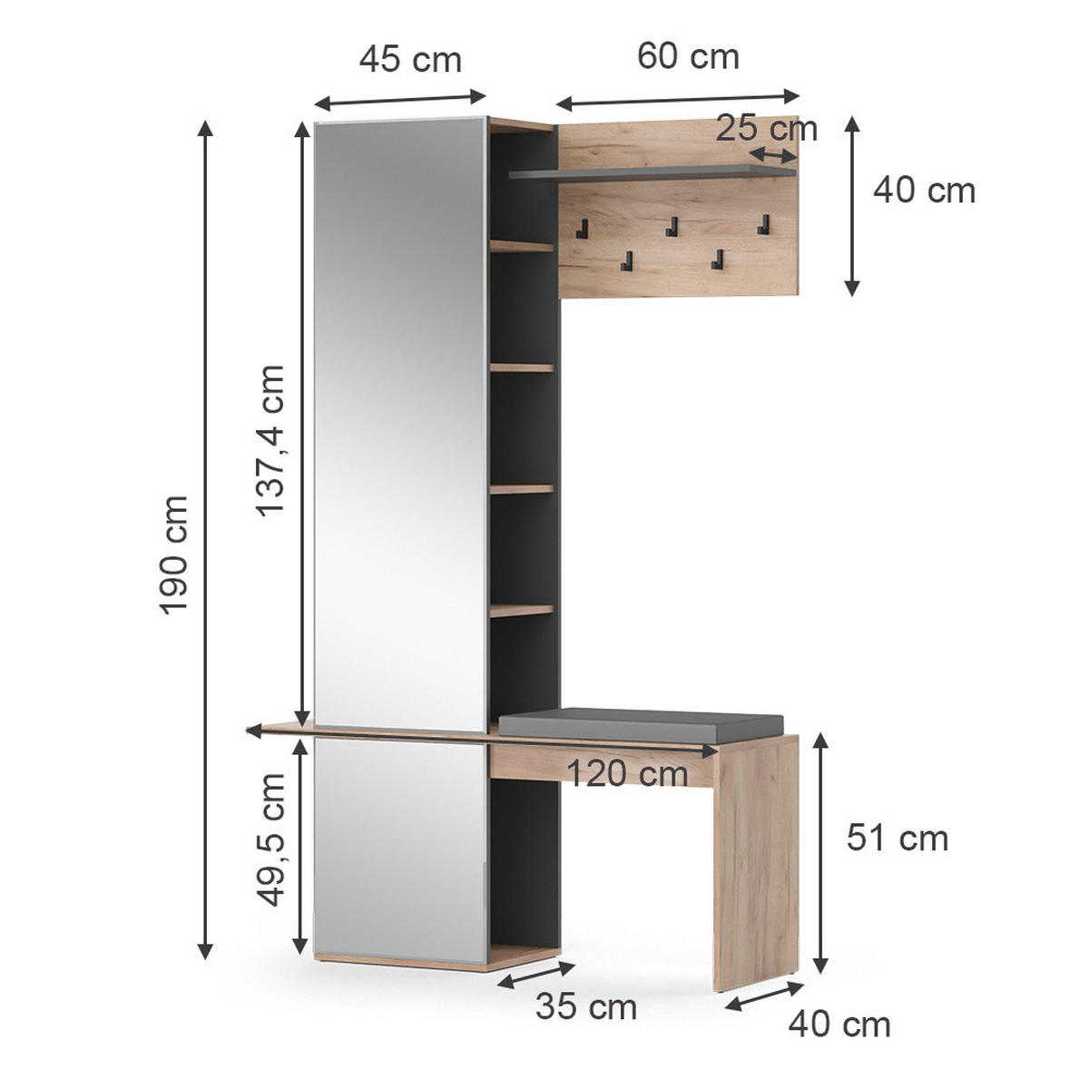 GARDEROBE Adeline Goldkraft Eiche 120 x 190 cm - Anthrazit/Eiche Wotan, Holzwerkstoff (120/190/40cm) - Vicco