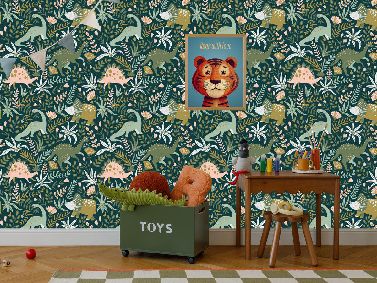 VLIESTAPETE Dinosaurier und Blätter – Grün, Beige, Petrol – 50x1000 cm - Beige/Petrol, Papier (50/1000cm) - Muralo