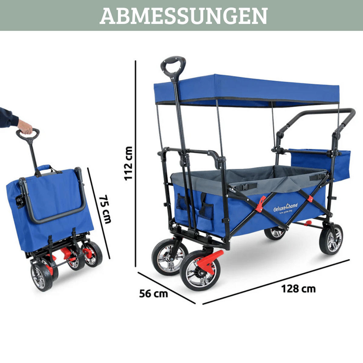 BOLLERWAGEN faltbar mit Dach REGGI Blau - Blau, Metall (128/112/56cm) - DELUKE