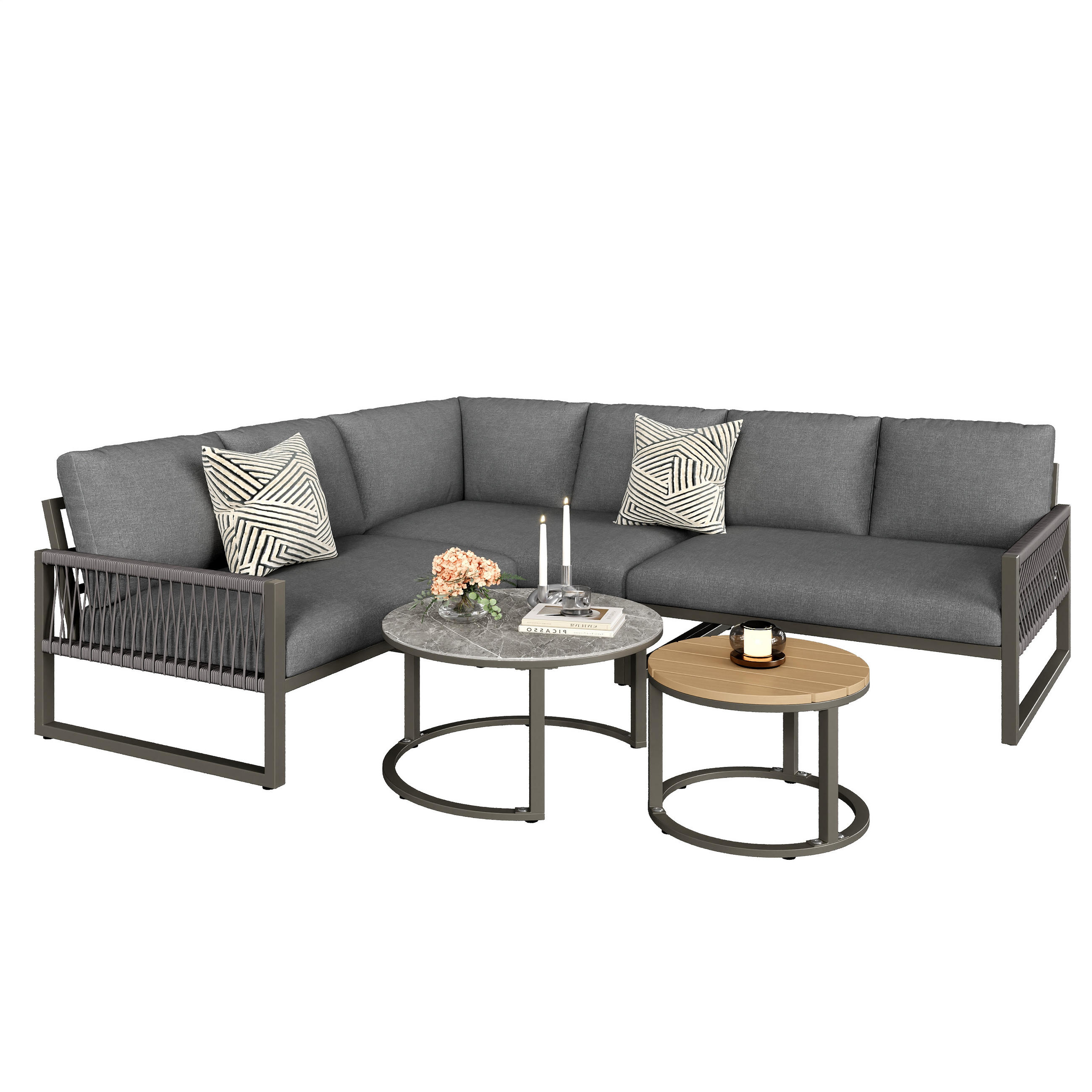 GARTENLOUNGE-SET Sitzgruppe für 6-7 Personen Gartenmöbel-Set mit verstellbare Beine - Naturfarben/Grau, Holzwerkstoff/Textil - STILVORA