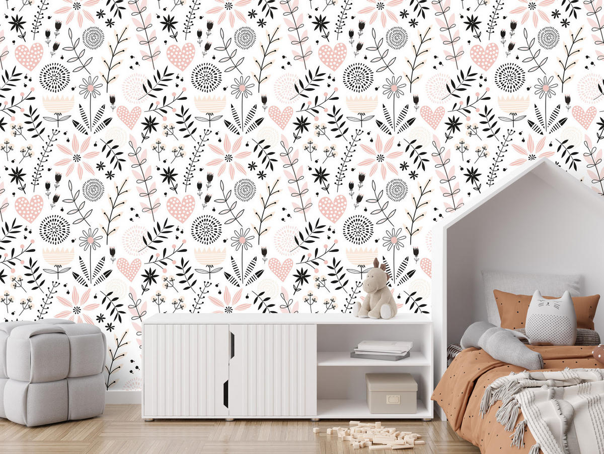 VLIESTAPETE Blumen, Herzen und Blätter – Rosa, Grau, Weiß – 50x1000 cm - Rosa/Weiß, Papier (50/1000cm) - Muralo