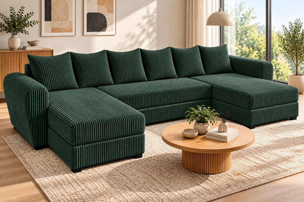WOHNLANDSCHAFT PUMA U 308 cm – Cord Sofa in U-Form mit Schlaffunktion, Bettkasten und weichem Cordbezug - Dunkelgrün/Schwarz, Kunststoff (308/85/140cm)
