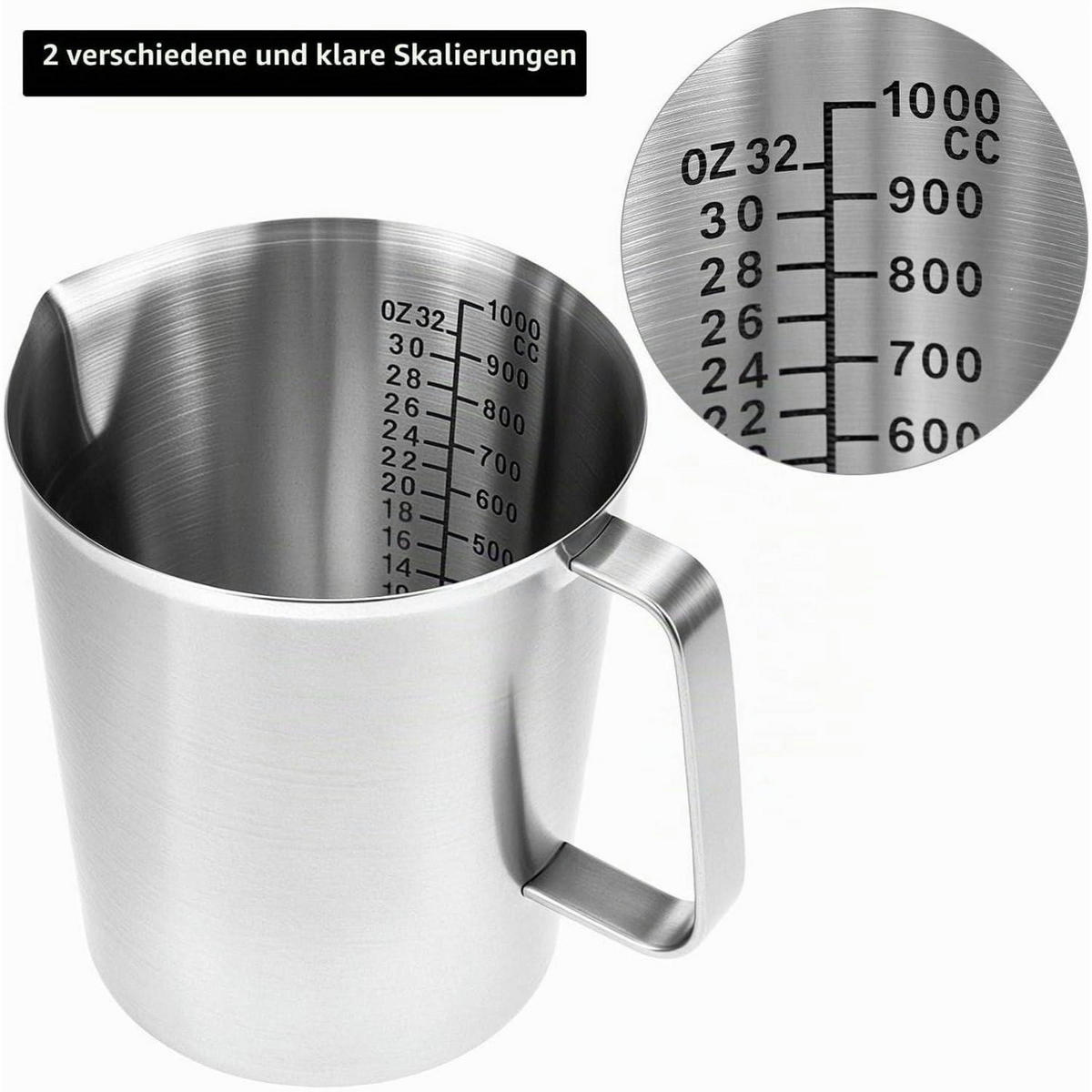 MESSBECHER Edelstahl 1000 ML mit 3 Skalen - Silberfarben, Metall (1L)