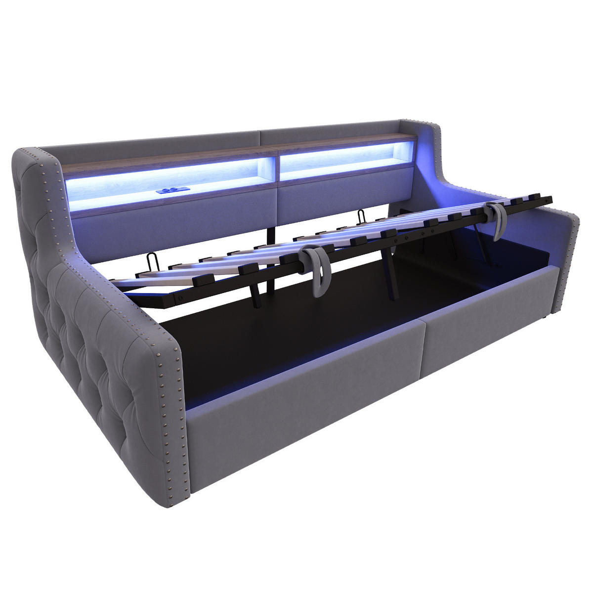 SCHLAFSOFA 90/200 cm dunkelgrau aus Samt mit Stauraum, LED und Ladeanschlüssen - Grau, Textil (90/200cm) - OKWISH