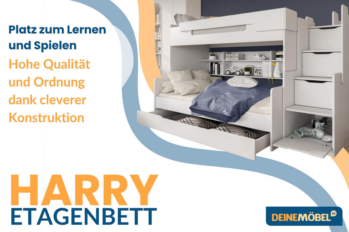 ETAGENBETT HARRY 90/200 + 120/200 in Weiß - Weiß, Holzwerkstoff - Deine Möbel 24