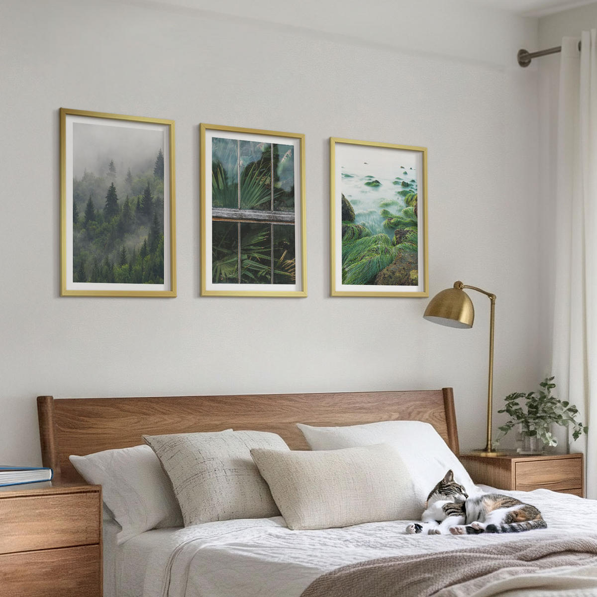 BILDER SET 3er Set - 40x60 cm Goldrahmen - Waldnebel, Flussufer, Gewächshaus - Goldfarben, Kunststoff (40/60cm) - TULUP