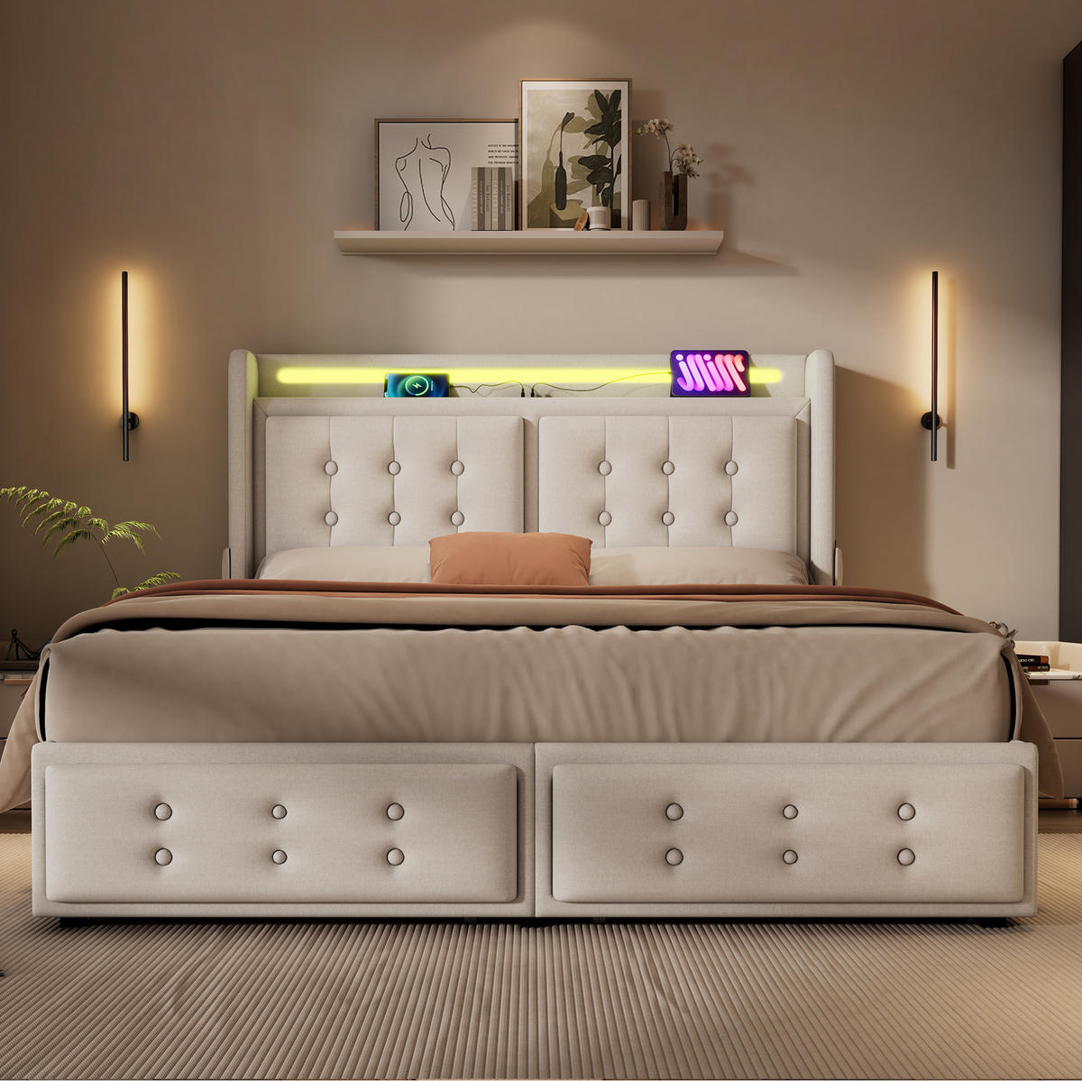 BETT mit LED, USB und 4 Schubladen 160x200 cm Baumwoll-Leinen Beige - Beige, Metall (160/200cm) - Meubliv