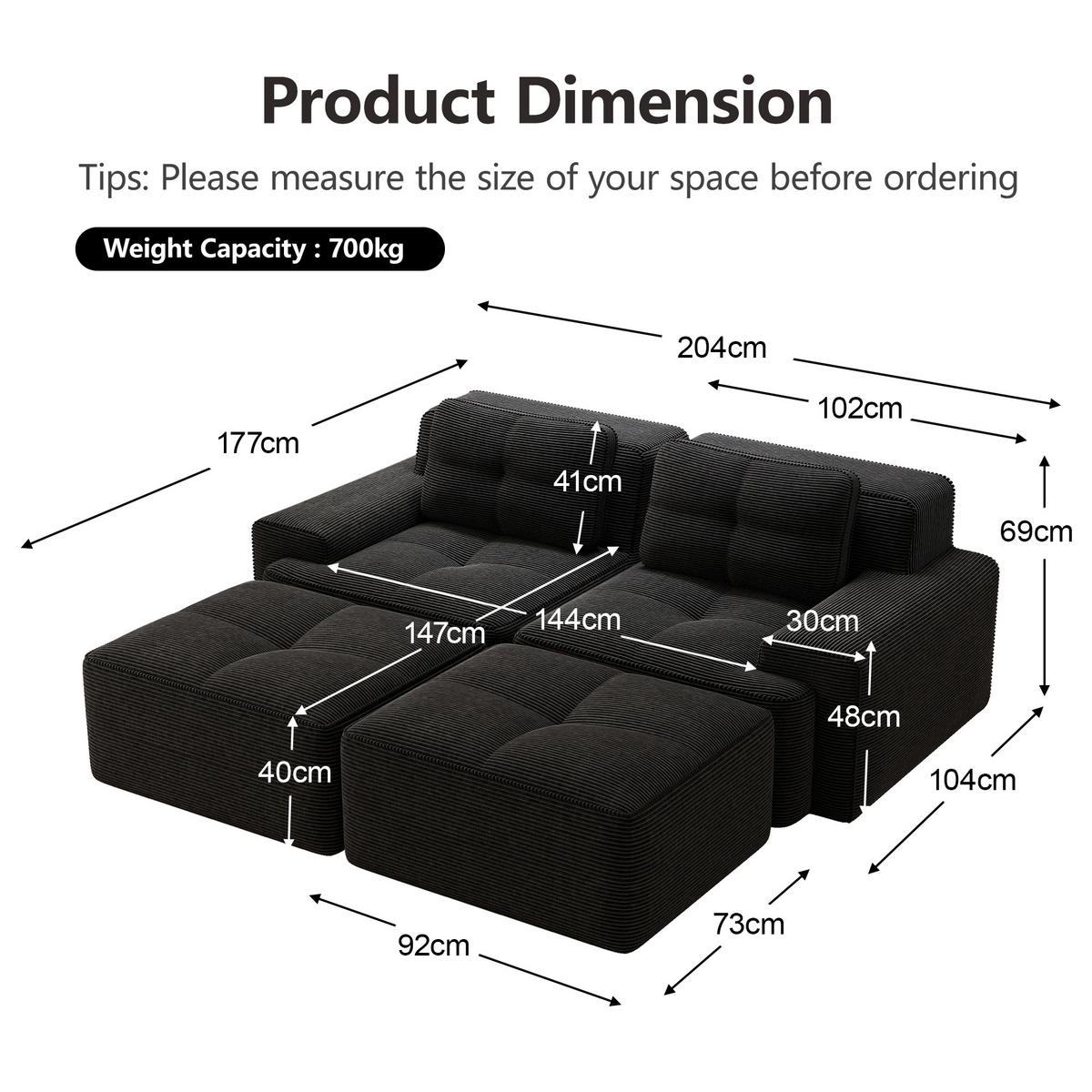 2-SITZER SOFA Cord Schwarz mit Ottoman - Schwarz, Textil (204/69/177cm) - WISHDOR