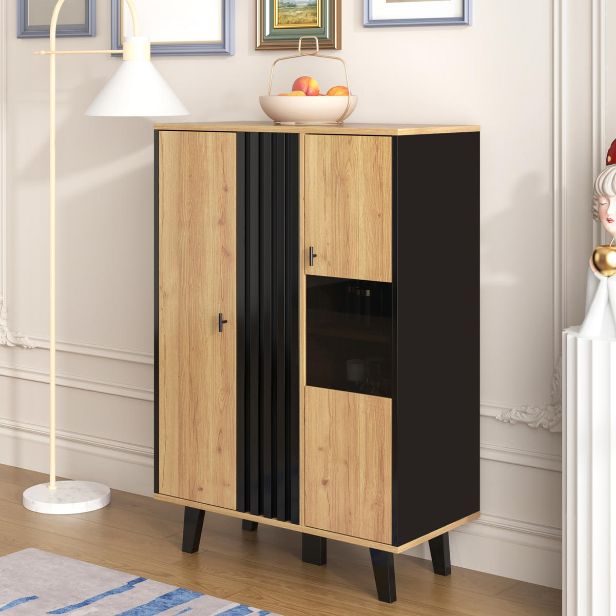 KOMMODE aus Spanplatte 80x120x40cm in Naturfarben mit LED & Glastüren - Naturfarben, Holzwerkstoff (80/120/40cm) - Modfu