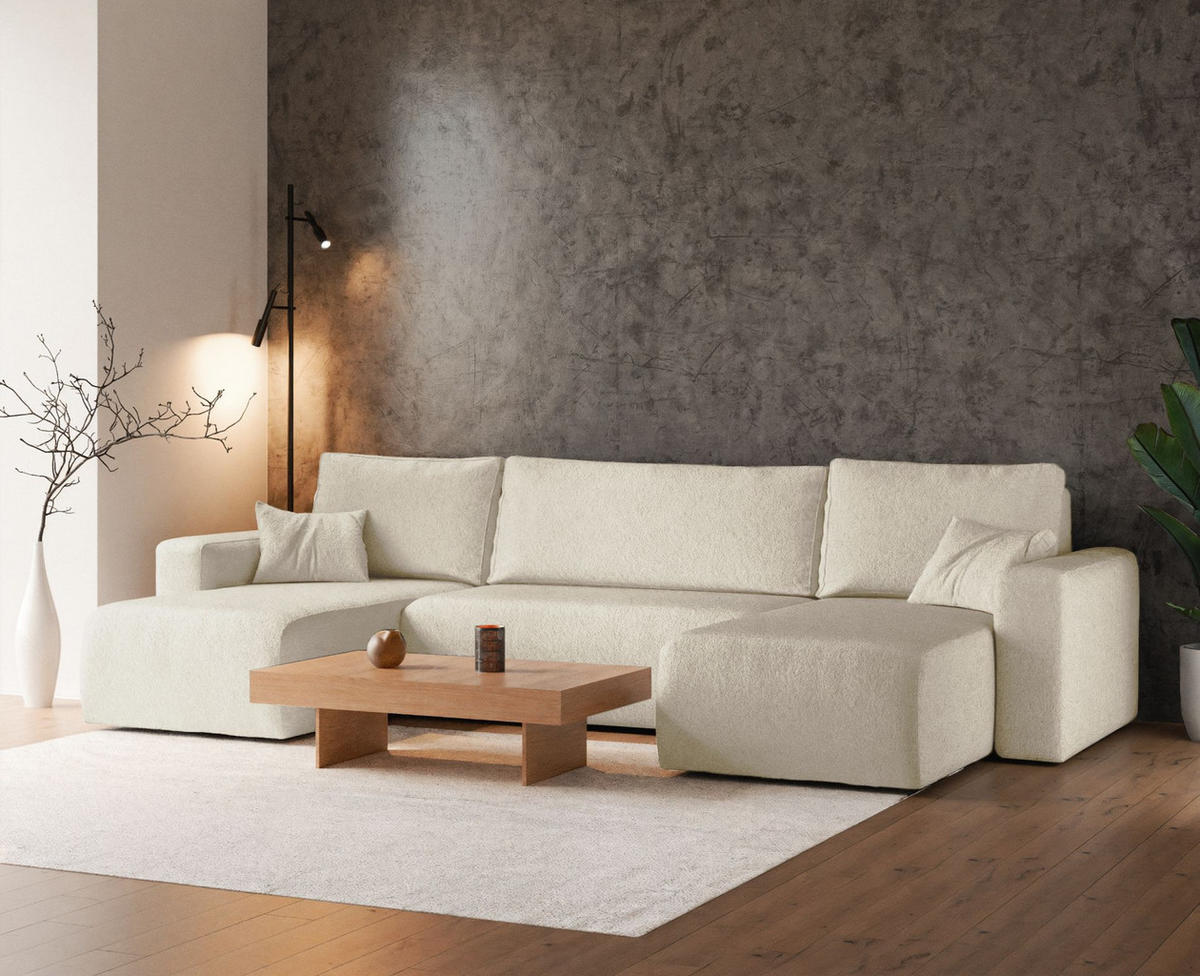 WOHNLANDSCHAFT Pianoni Creme Bouclé-Bezug - Creme/Schwarz, Kunststoff/Textil (312/83/140cm) - Selsey