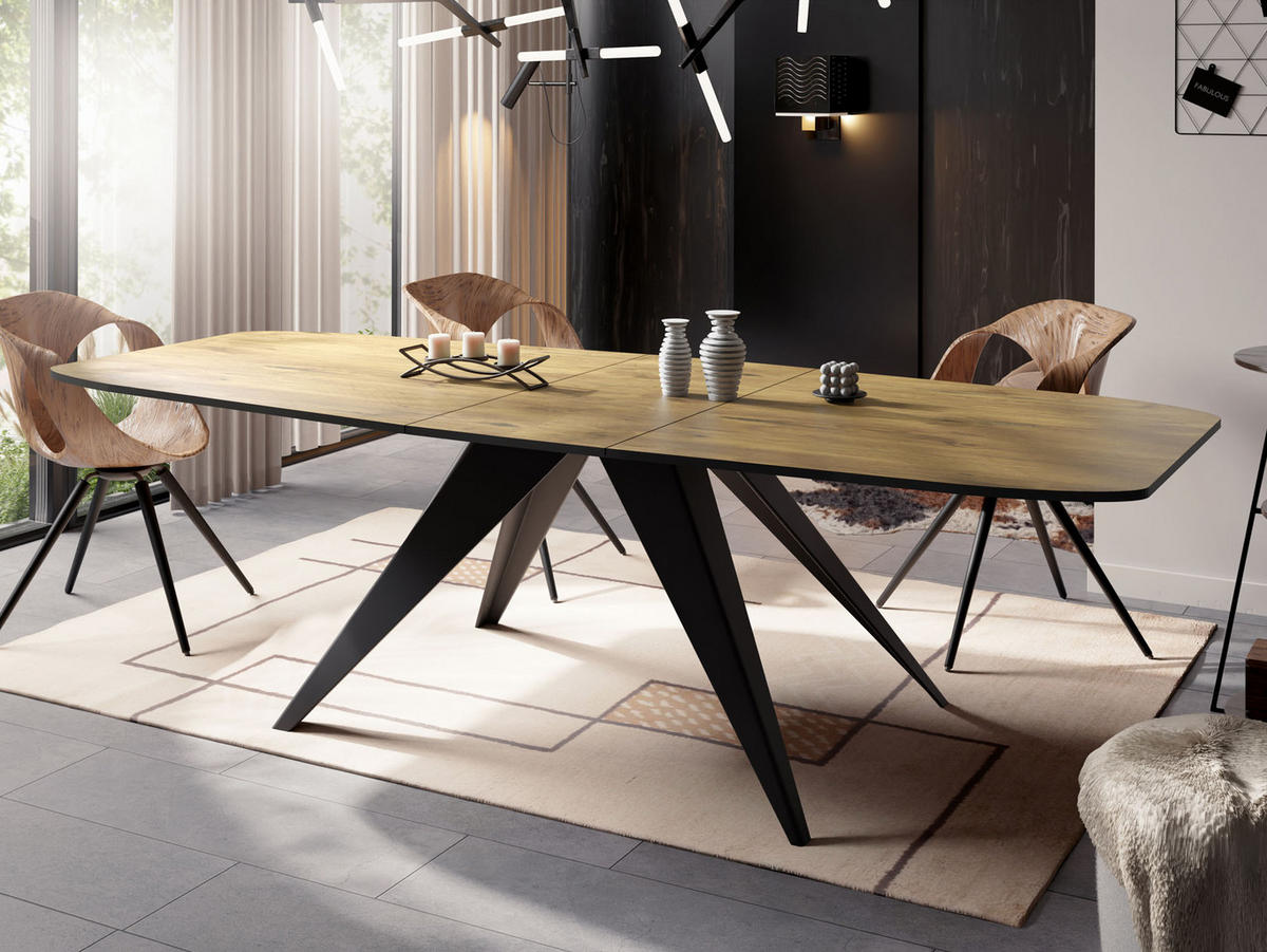 ESSTISCH Foster rechteckig ausziehbar, Lancelot Eiche 160-198/80/76 cm - Eichefarben/Schwarz, Holzwerkstoff/Metall (160/80/76cm) - WFL GROUP