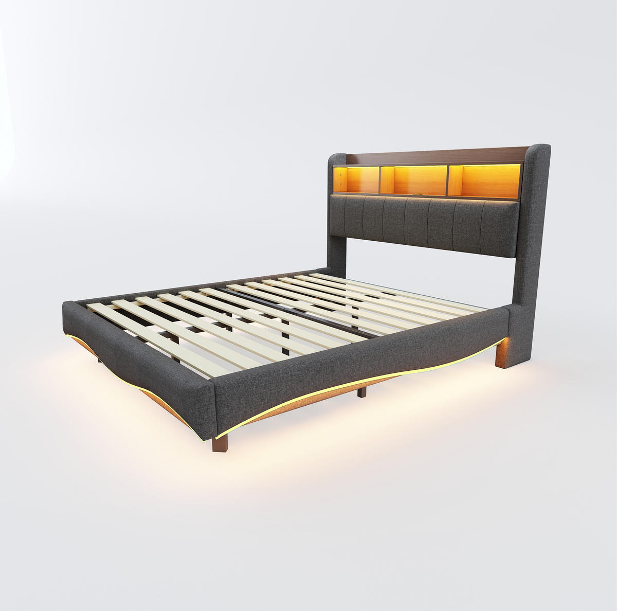 POLSTERBETT mit LED-Beleuchtung 140/200 cm mit USB-C und Stauraum, Grau - Grau, Textil (140/200cm) - BEAOK