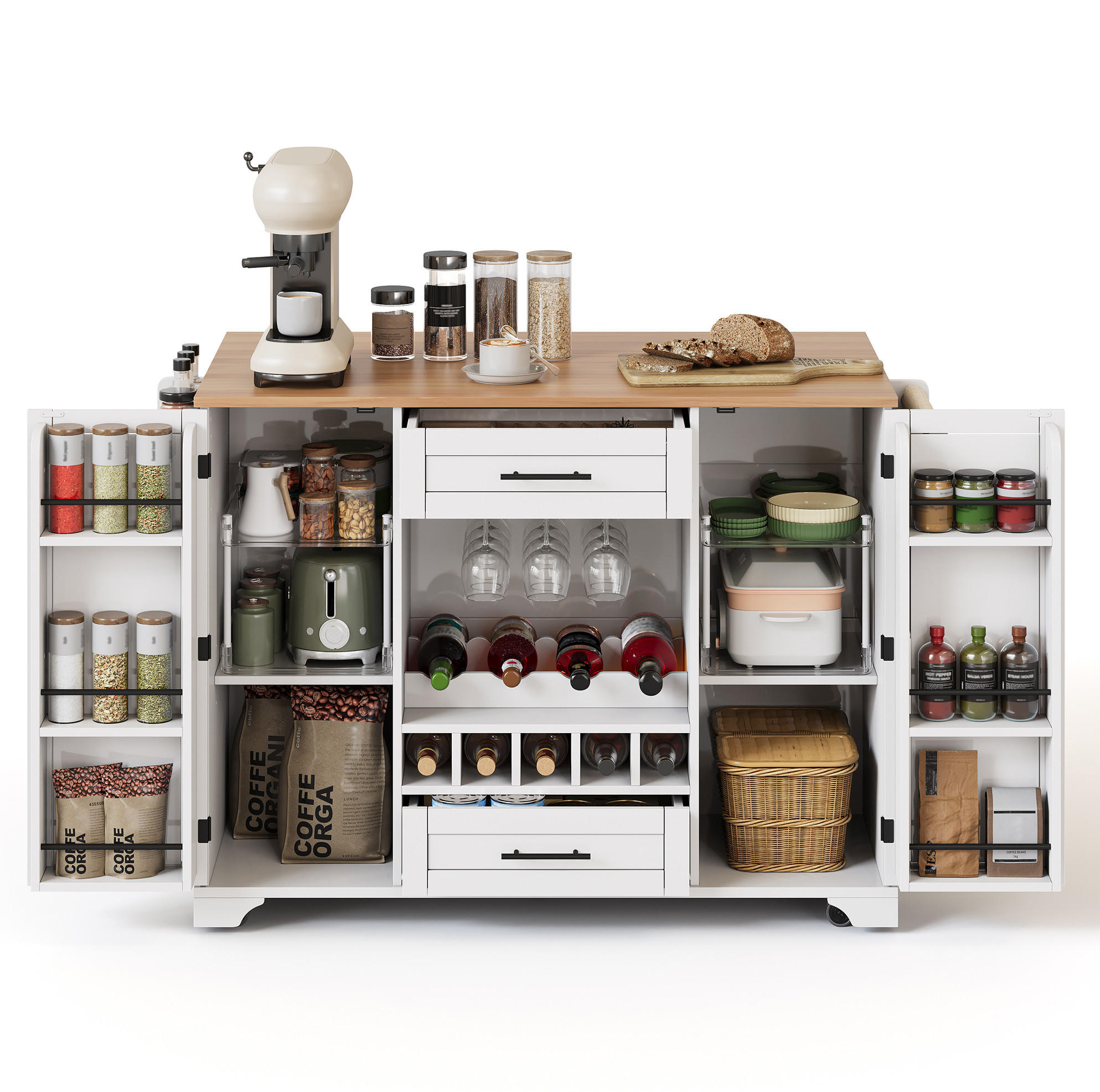 OKWISH KUCHYŇSKÝ vozík 138/45(70)/92 cm bílá/přírodní z MDF se sklápěcí deskou a policí na víno