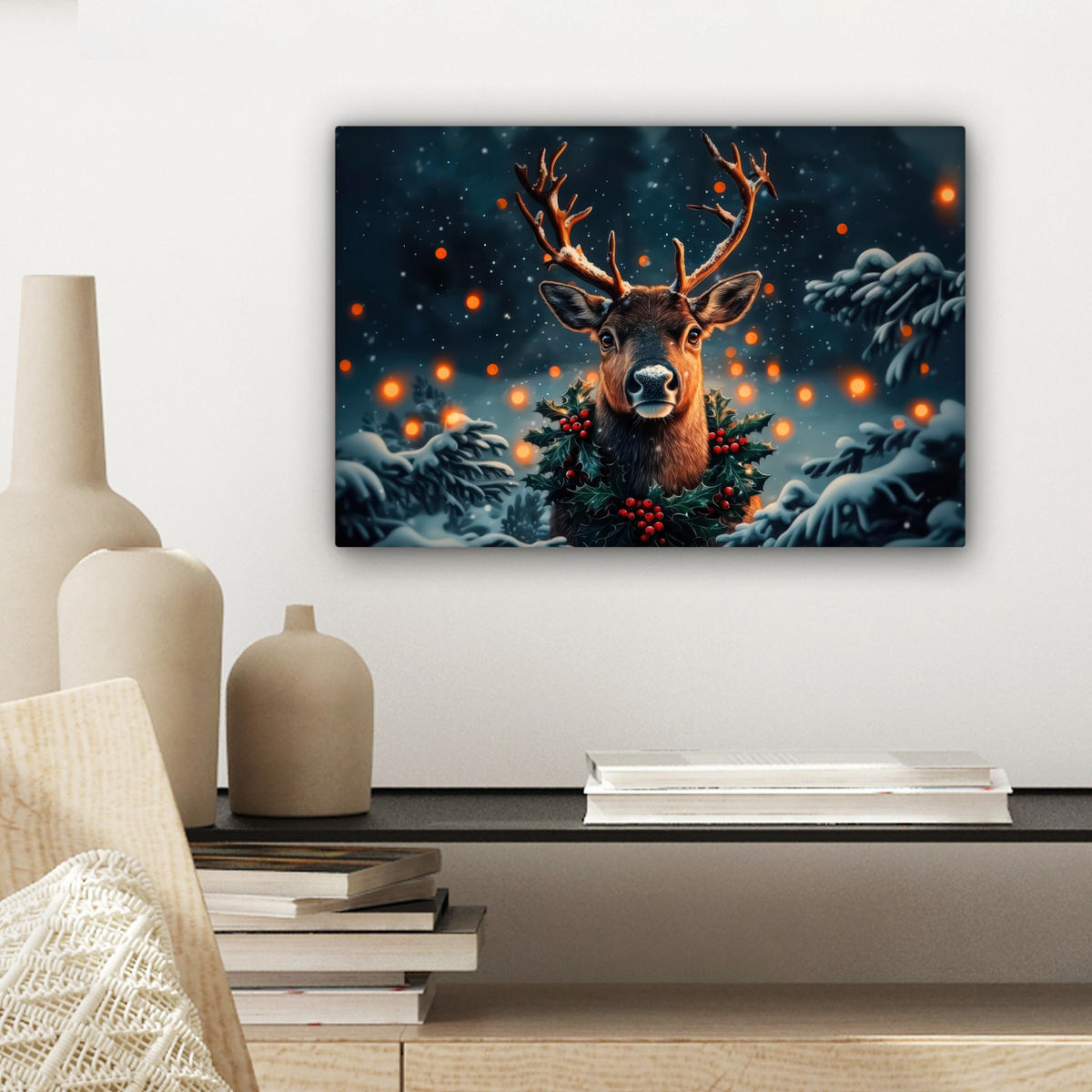 LEINWANDBILD Hirsch - Weihnachten - Winter - Schnee - Weihnachtskranz Deko Schlafzimmer 30x20 cm - Dunkelbraun, Textil (30/20cm) - MuchoWow