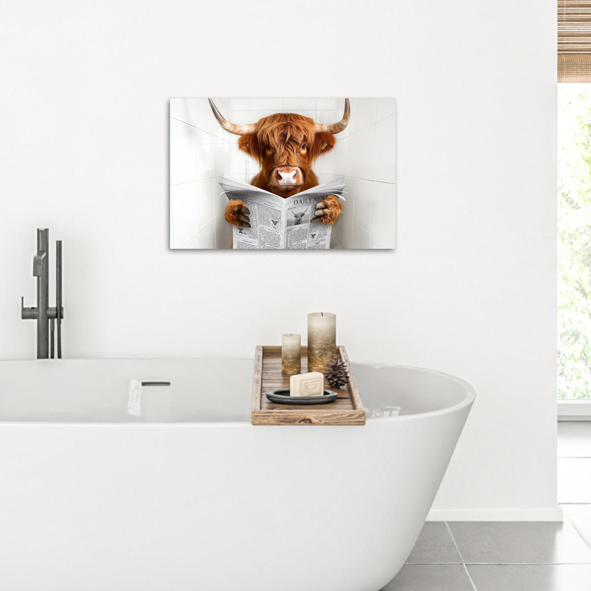 LEINWANDBILD Schottischer Highlander - Tier - Zeitung - Toilette Gemälde 60x40 cm - Kastanienfarben, Textil (60/40cm) - MuchoWow