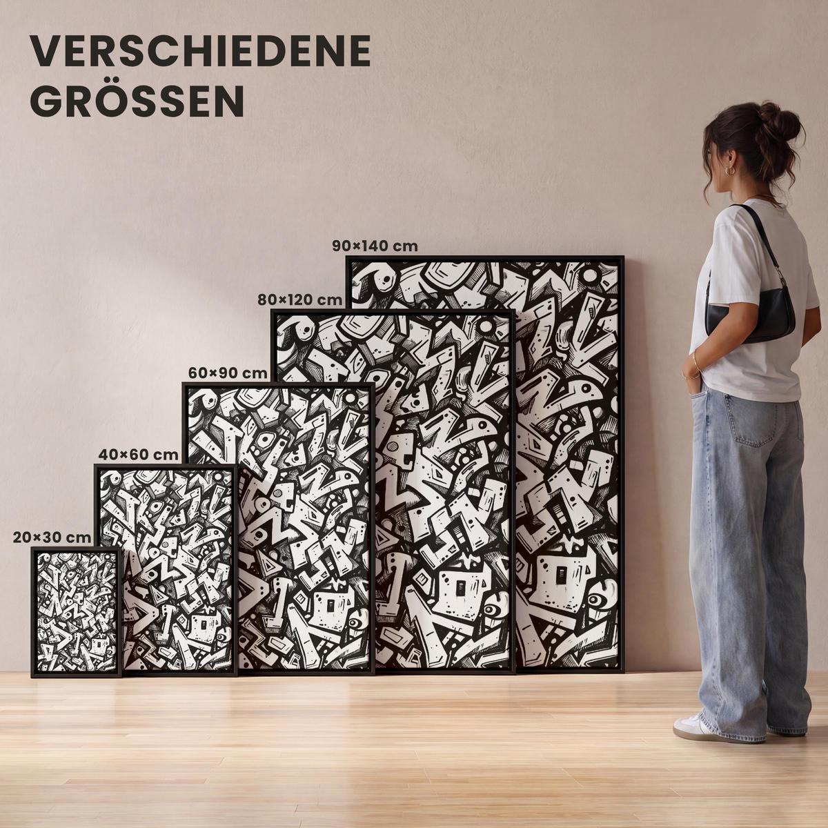 LEINWAND Bilder mit Rahmen - Formen - Buchstaben - Graffiti - Schwarz - 20x30 - Schwarz, Textil (20/30cm) - MuchoWow