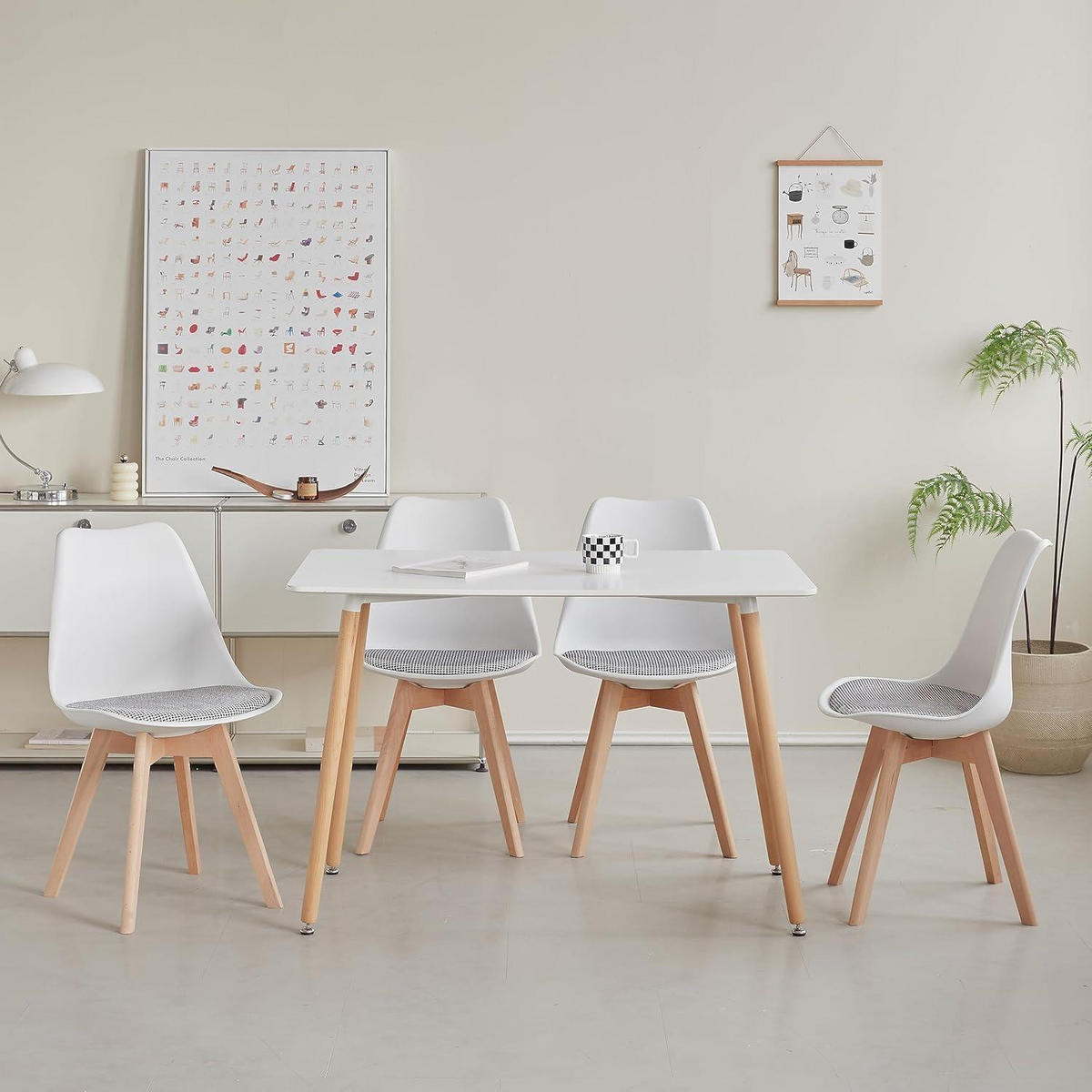 ESSZIMMERSTUHL 8er-Set mit Massivholzbeinen und gestreiftem Sitzkissen in Weiß - Multicolor, Holz (49/83/42cm)