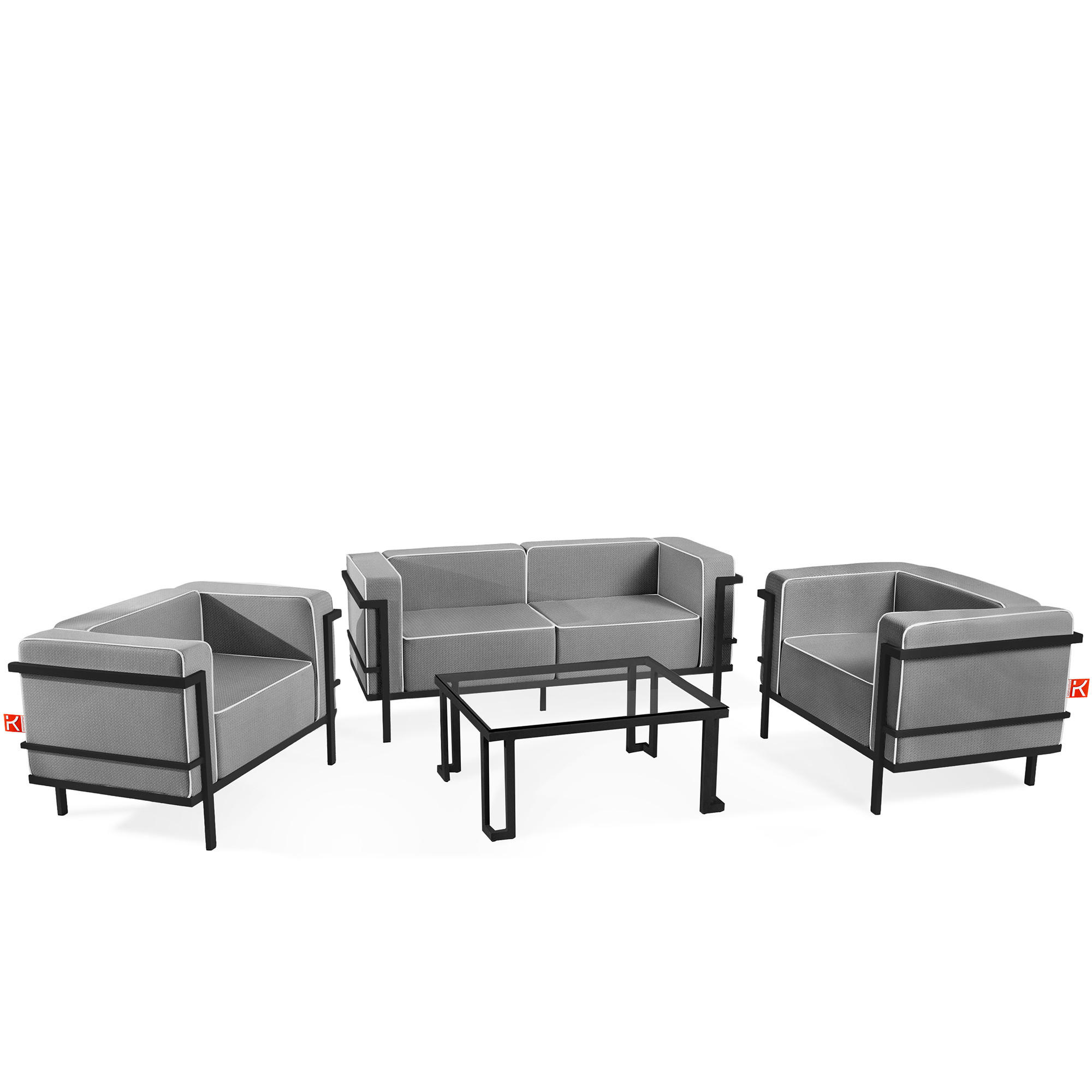 GARTENLOUNGE-SET TRIGLO 4-tlg., 1x Tisch, 2x Sessel, 1x Sofa 2-Sitzer, Modern, Dunkelgrau - Dunkelgrau/Schwarz, Glas/Textil - KONSIMO®