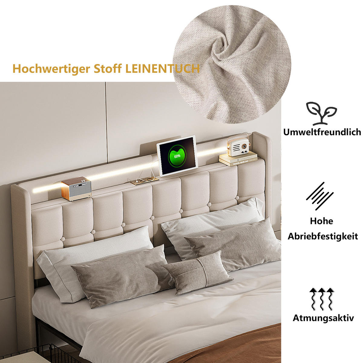 POLSTERBETT 180x200 cm Doppelbett, 4 Aufbewahrungsschubladen, LED-Leuchten & USB-Ladeanschluss, Leinenstoff in Beige - Beige, Holz (180/200cm) - BRILVERDE