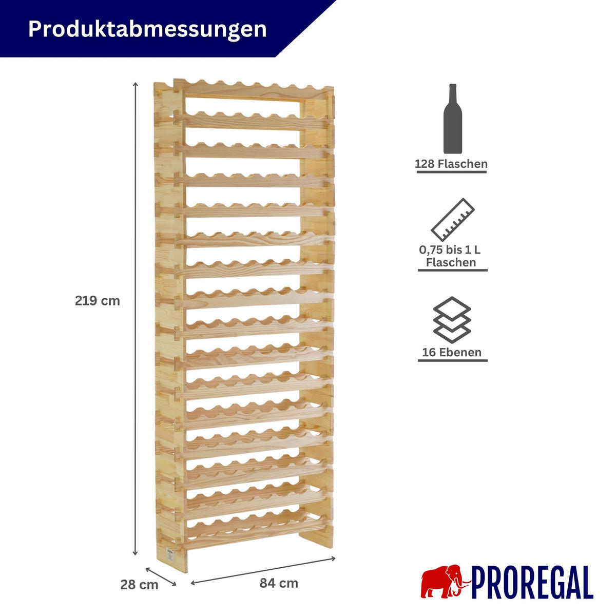 WEINREGAL NAVARRA aus Holz 219x84x28cm 128 Flaschen auf 16 Ebenen Natur unbehandelt - Naturfarben, Holz (84/219/28cm) - PROREGAL