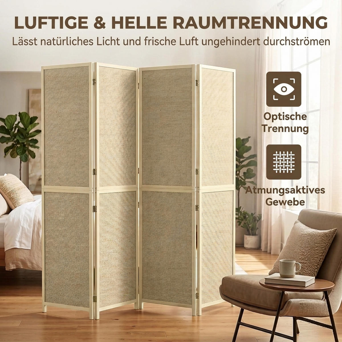 PARAVENT Bambus Kiefernholz Naturholz - Naturfarben, Naturmaterialen/Holz (1.7/180/180cm) - HOMCOM