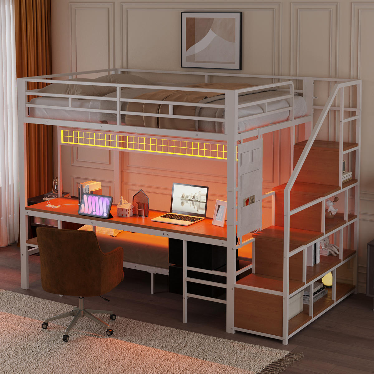 HOCHBETT 140/200 cm weiß aus Metall und Holz mit Schreibtisch LED und Steckdosen - Weiß, Metall (140/200cm) - OKWISH