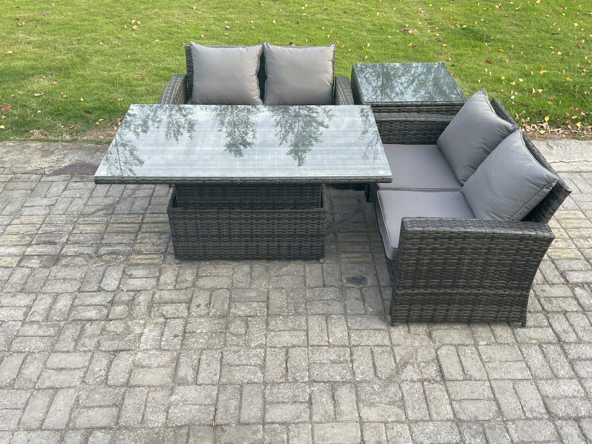 GARTENMÖBEL SET mit höhenverstellbarer Tisch Polyrattan Dunkelgrau 8-Sitzer - Dunkelgrau, Metall - Fimous
