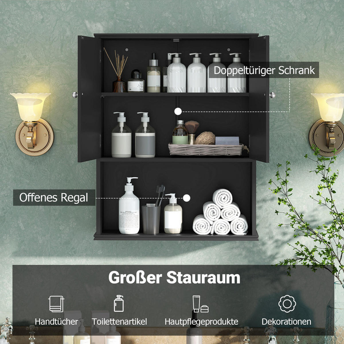 BAD-HÄNGESCHRANK mit 2 Türen schwarz - Schwarz, Holzwerkstoff (55.5/75/21cm) - COSTWAY