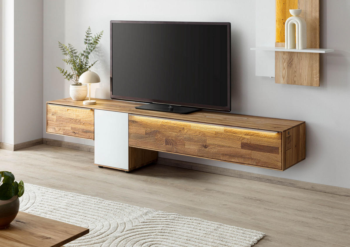 LOWBOARD Wildeiche 240x43x55 natur geölt / Glas weiß WIEN #108 - Naturfarben/Weiß, Holz (240/55/43cm) - Massivmoebel24