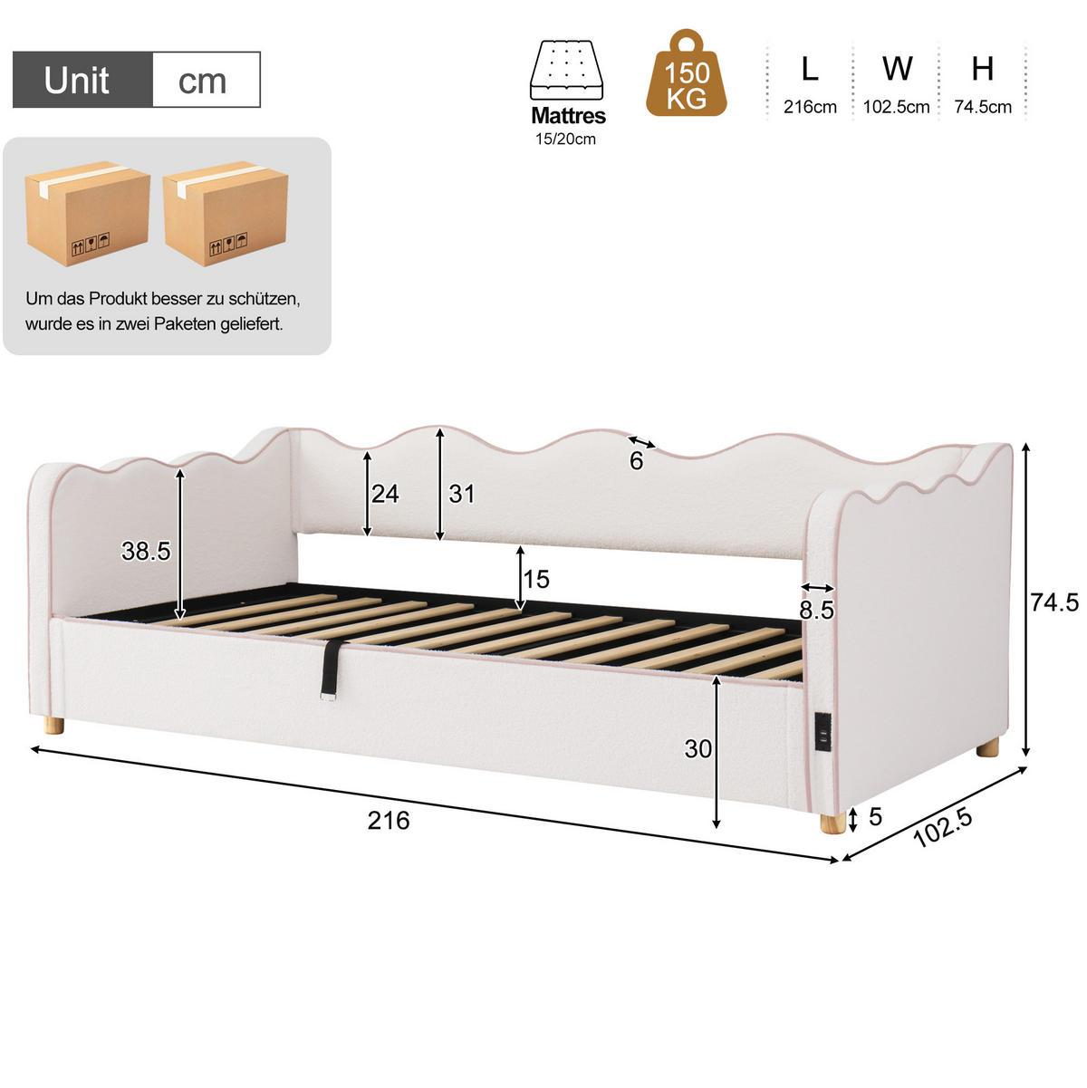 KINDERBETT 90/200 cm mit hydraulischem Stauraum, USB- und Type-C-Anschluss, Bouclé-Bezug, Beige - Beige, Textil (90/200cm) - Redom