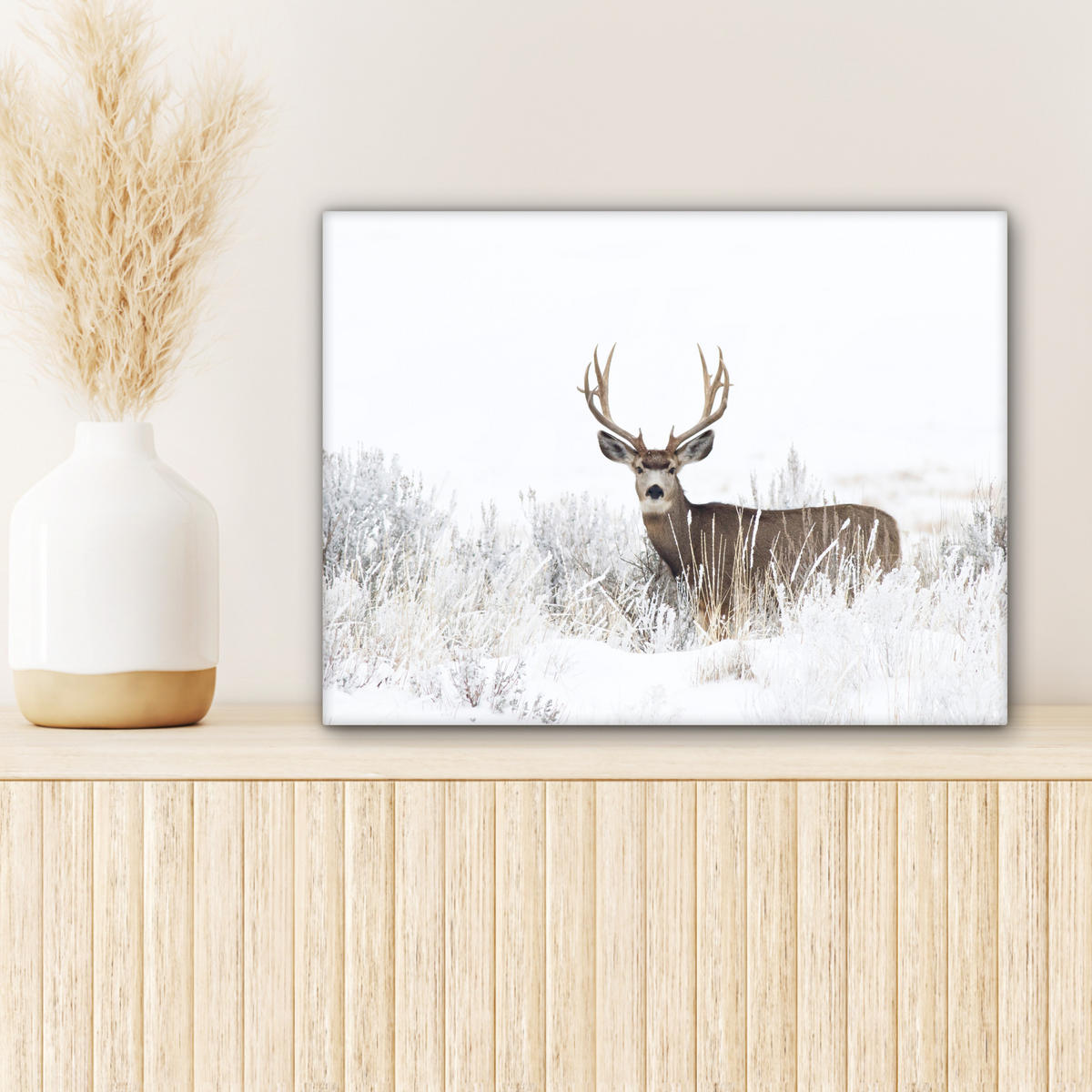 LEINWANDBILD Hirsche - Winter - Schnee - Tiere - Jahreszeiten - Weiß 40x30 cm - Hellbraun, Textil (40/30cm) - MuchoWow