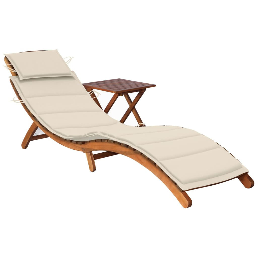 SONNENLIEGE mit Tisch und Auflage Massivholz Akazie - Creme, Holz (55/64/184cm) - furnicato