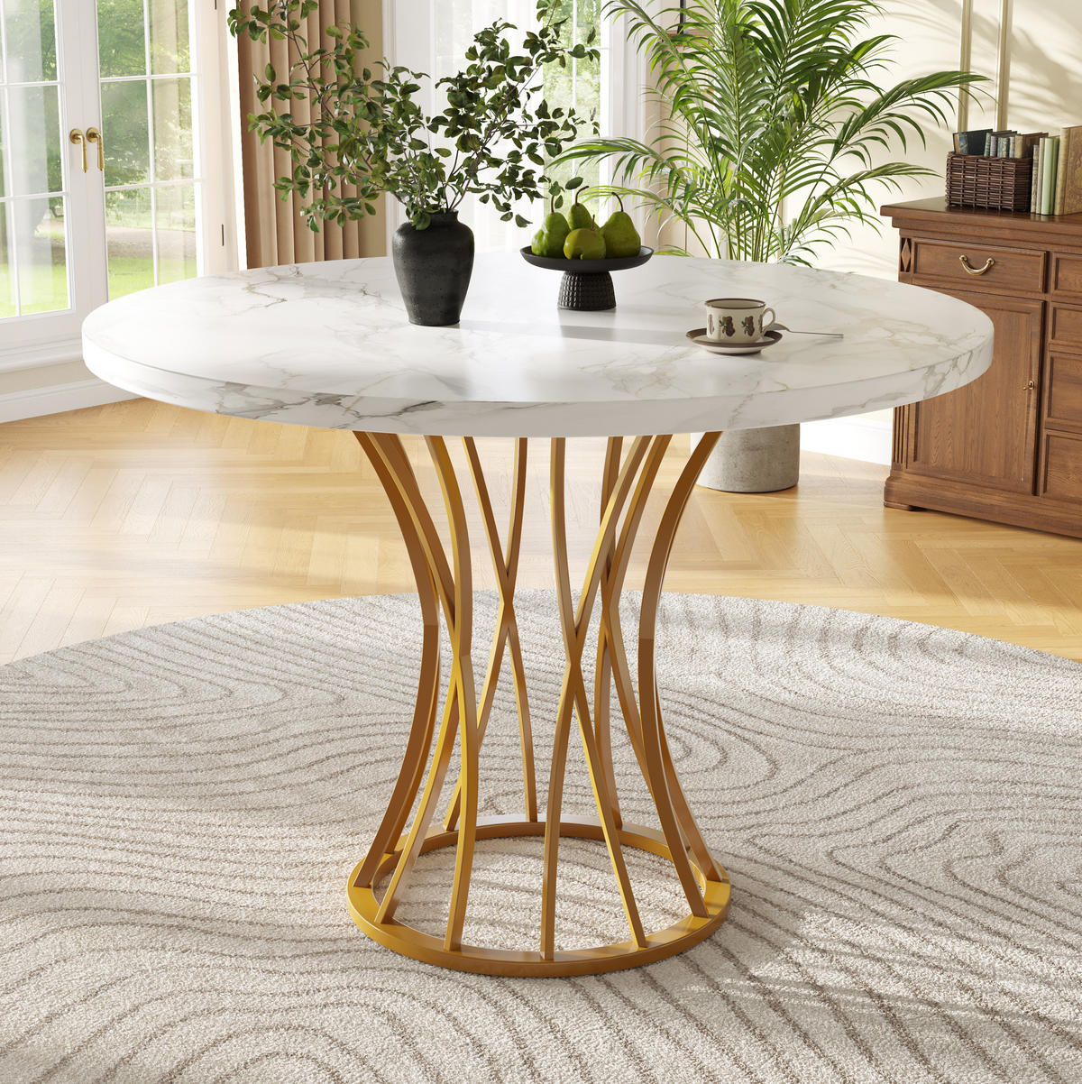 ESSTISCH 80x80x76 cm in Weiß und Gold aus MDF mit Marmoroptik auf goldenen Metallbeinen - Goldfarben, Holzwerkstoff (80/80/76cm) - Modfu