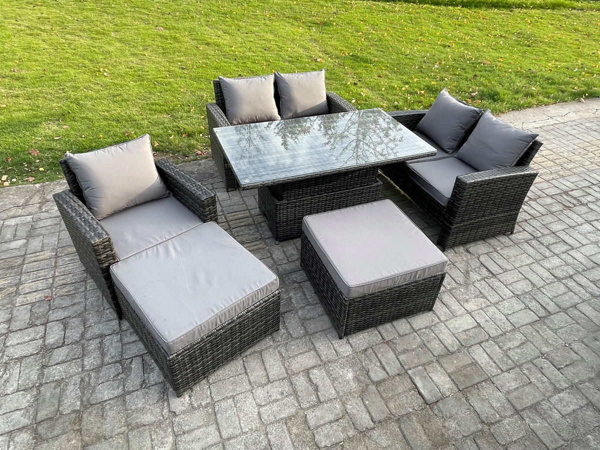 GARTENMÖBEL-SET HÖHENVERSTELLBARER ESSTISCH MIT 2 HOCKER DOPPELSITZ-SOFA STUHLs Polyrattan Dunkelgrau Gemischt 7-Sitzer - Dunkelgrau, Metall - Fimous