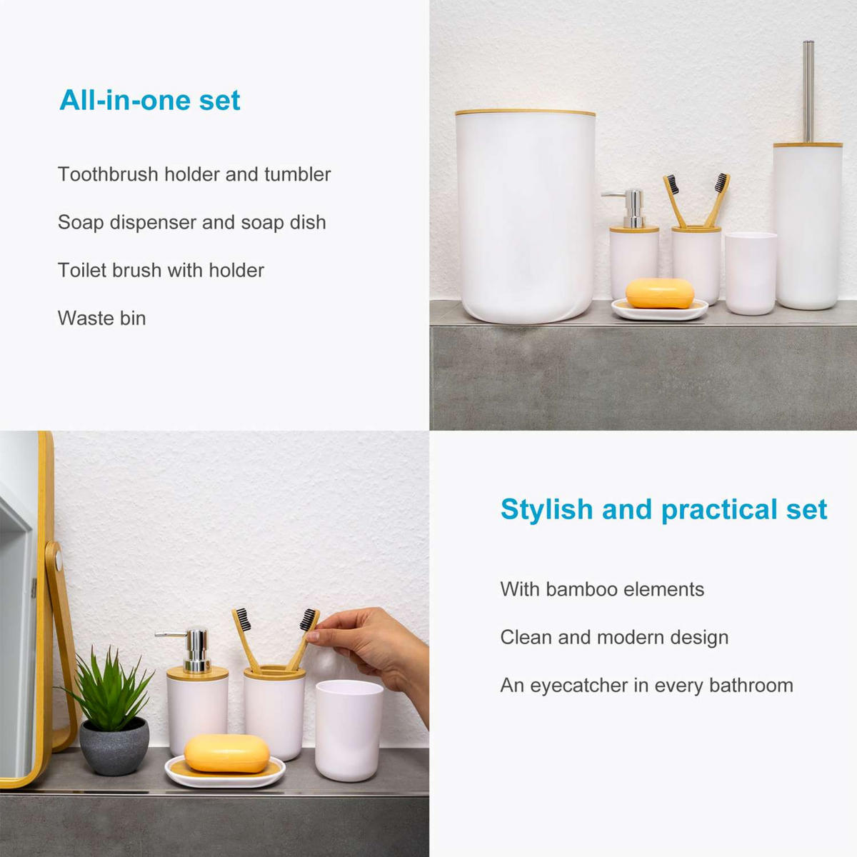 BADEZIMMER ZUBEHÖR SET (6-tlg.) mit Zahnputzbecher Seifenschale Seifenspender Toilettenbürste - Weiß, Naturmaterialien (19.5/26/19.5cm) - Intirilife